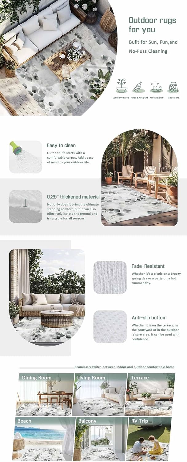 Outdoor Rug 4x6ft Retro Eucalyptus Leaves Patio Area Rugs Waterproof Easy Cleaning Non Shedding Thick Mats Grey Carpet for Indoor Outdoor Porch Deck Backyard Balcony