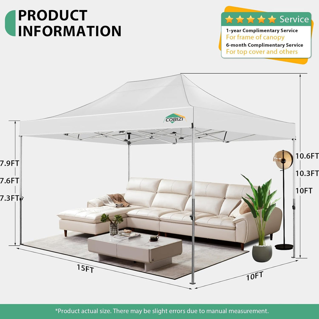 COBIZI 10x15 Pop up Canopy Tent Heavy Duty, Easy Set-up Commercial Outdoor Party Tent, 100% Waterproof Wedding Tents Gazebo, 3 Height Adjustable with Wheeled Bag, White