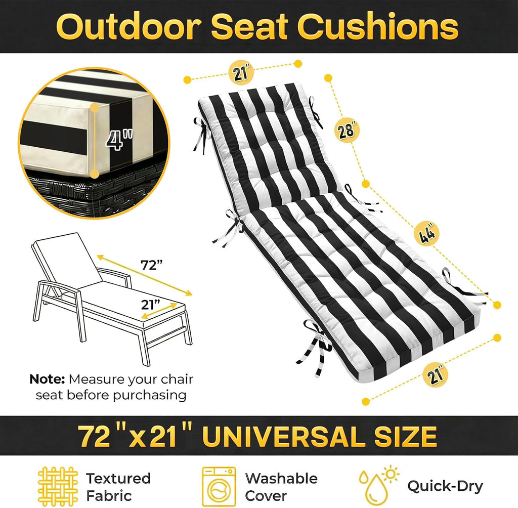 Folding Chaise Lounge Cushion Quick Dry - Outdoor Sun Lounger Seat Pad with Shredded Foam for Patio Furniture, Deck Chairs, Poolside (Black-White Stripe, 72 INCH × 21 INCH-2 Pack)