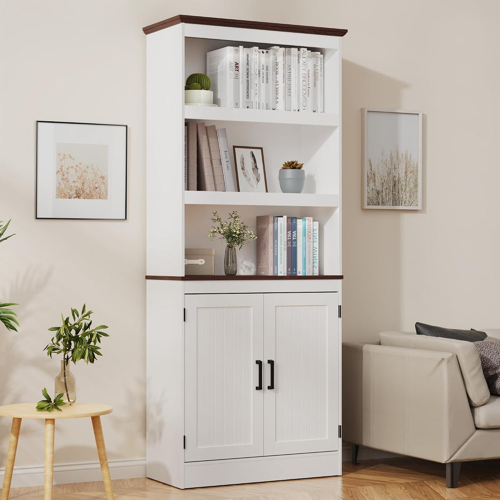 MHOM 71' Tall Bookshelf with Doors, 5 Tiers Farmhouse Bookcase with Adjustable Shelves, Wooden Rustic Display Cabinet for Home Office, Living Room, White