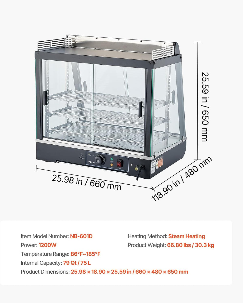 VEVOR 3-Tier Commercial Food Warmer Display, 1200W Food Display Warmer with LED Light, Top Storage and Adjustable Shelves, 86℉~185℉ Steam Heating, 75L for Hamburger, Pizza, Bread, Fried Chicken