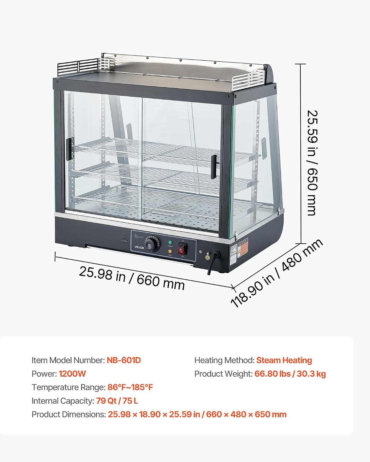 VEVOR 3-Tier Commercial Food Warmer Display, 1200W Food Display Warmer with LED Light, Top Storage and Adjustable Shelves, 86℉~185℉ Steam Heating, 75L for Hamburger, Pizza, Bread, Fried Chicken
