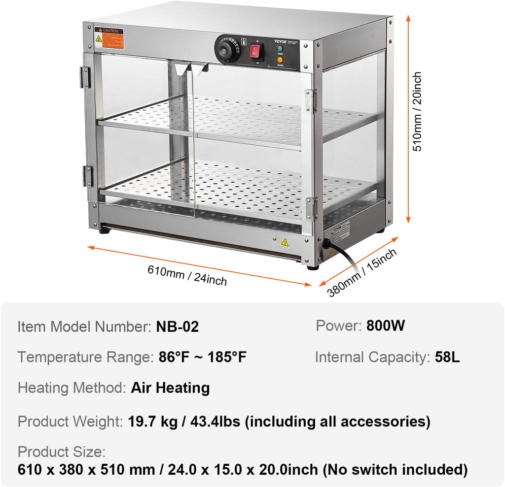 VEVOR 2-Tier Commercial Food Warmer Display, 800W Food Display Warmer with Light to Enhance Food Display, 86℉~185℉ Temperature Control, 58L Large Capacity for Hamburger, Pizza, Bread, Fried Chicken
