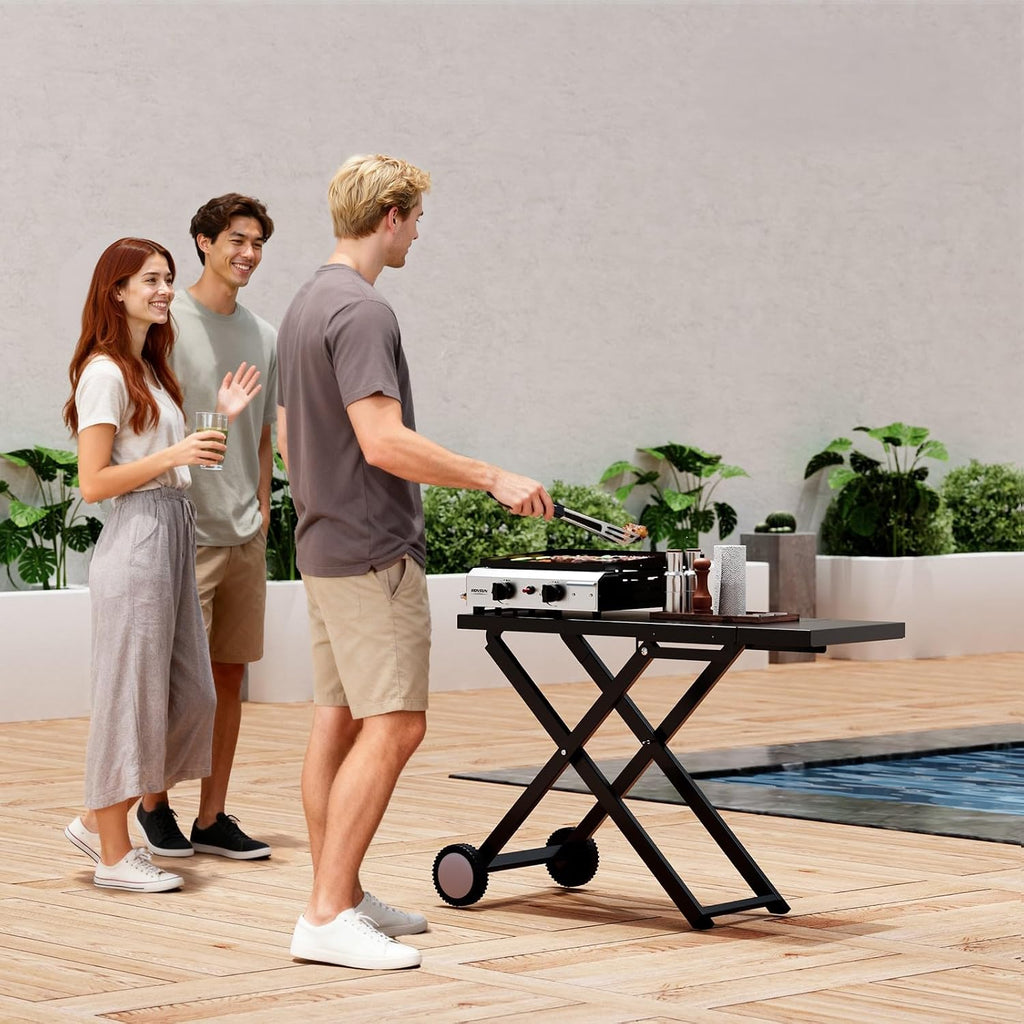 Bonnlo Foldable Flat Top Grill with 2 Burner, Powerful 20,000 BTU Propane Gas Grills with Ignition, Enamel Griddle, Side Shelf & Portable Cart with Wheels for Outdoor Camping Hibachi Grill Use