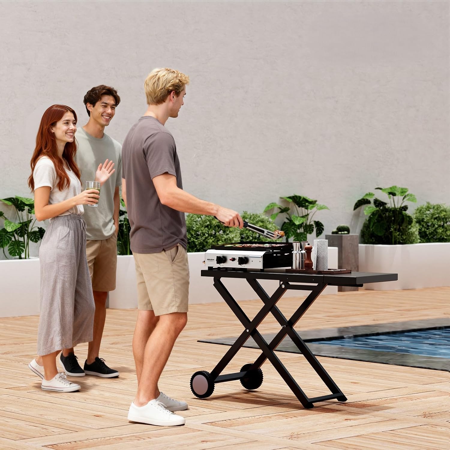 Bonnlo Foldable Flat Top Grill with 2 Burner, Powerful 20,000 BTU Propane Gas Grills with Ignition, Enamel Griddle, Side Shelf & Portable Cart with Wheels for Outdoor Camping Hibachi Grill Use