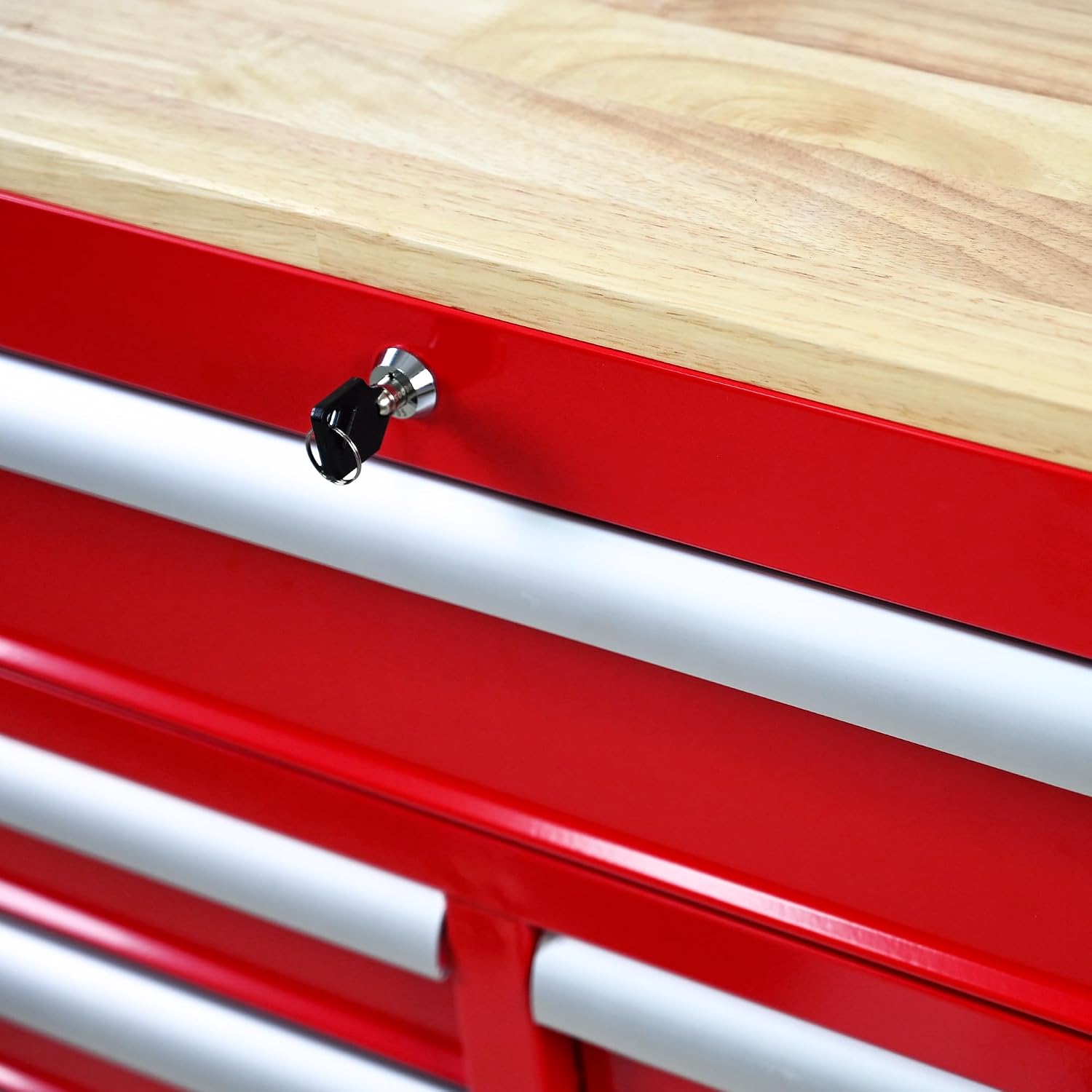 Large Tool Chest with Wheels, Rolling Toolbox with 9 Drawers, Metal Storage Tool Cart with 42'' Wood Top and Side Handle for Garage, Shop (Bonus Drawer Liners) — Red