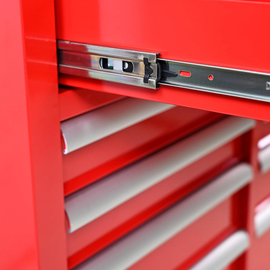 Large Tool Chest with Wheels, Rolling Toolbox with 9 Drawers, Metal Storage Tool Cart with 42'' Wood Top and Side Handle for Garage, Shop (Bonus Drawer Liners) — Red