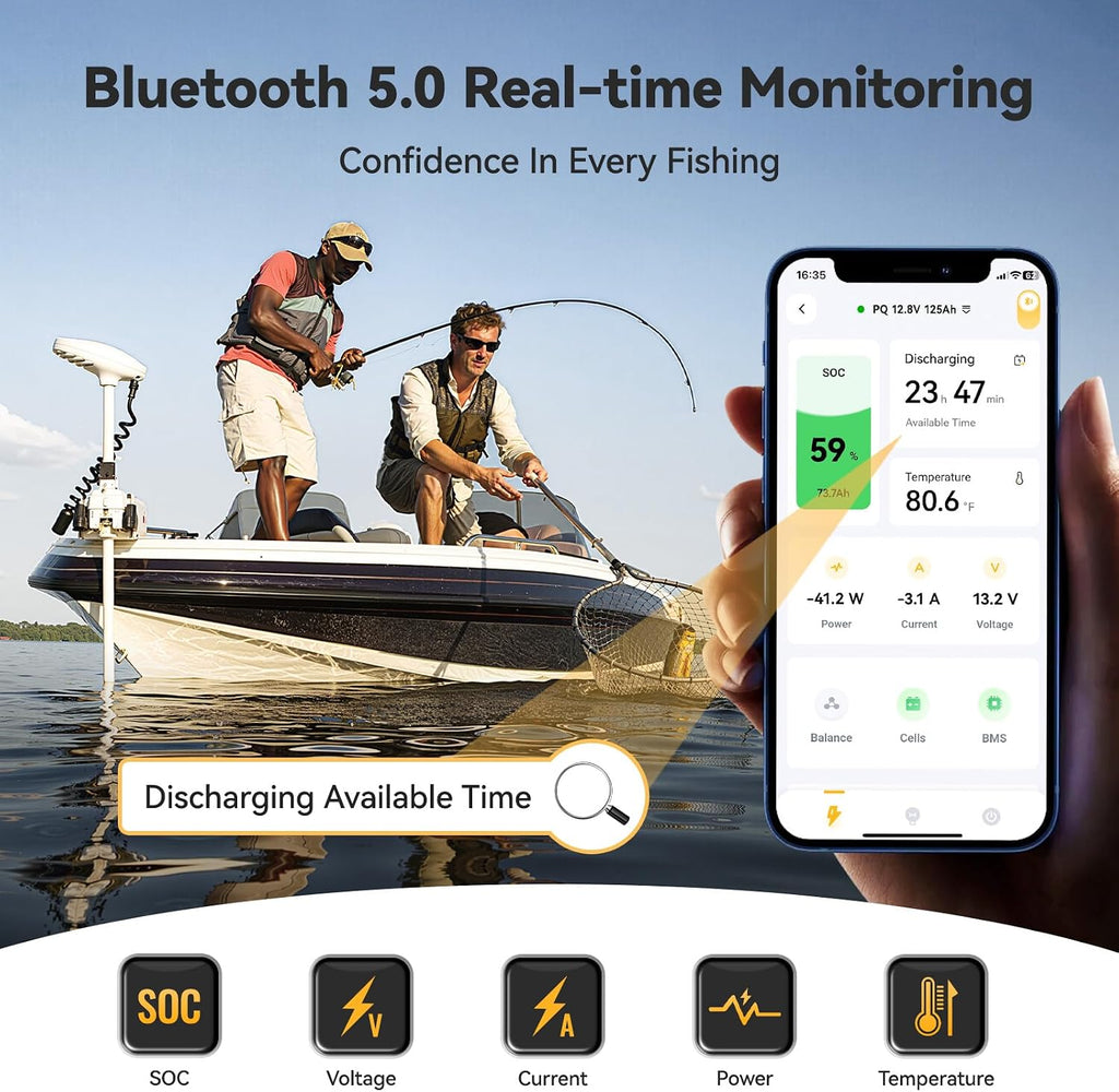 Power Queen 12.8V 125Ah Bluetooth LiFePO4 Battery, Group 27 Size &1600Wh Energy, Deep Cycle Lithium Battery with Low-Temp Cut Off, Perfect for RV, Marine, Off-grid, Solar System, Backup Power