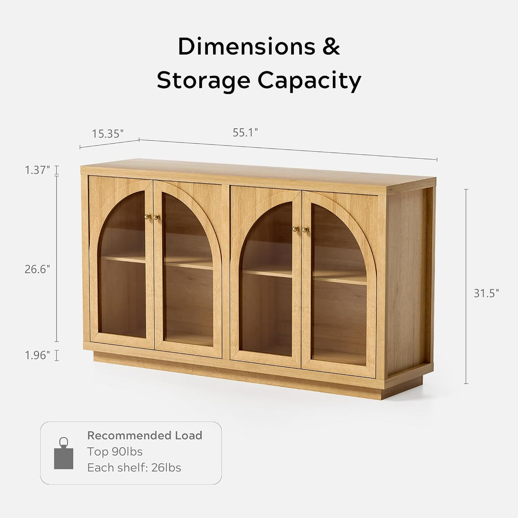 EYYTHUNG Storage Cabinet with 4 Doors, Arched Sideboard Buffet Cabinet with Adjustable Shelves, Accent Display Cabinet with Acrylic Door for Living Room, Entryway, Dining Room, Natural Oak