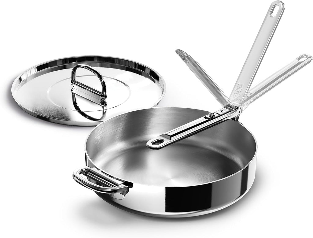 Joseph Joseph Space Steel 3.5qt Stainless Steel Saute Pan with Lid & Folding Handle, Induction & Oven Safe