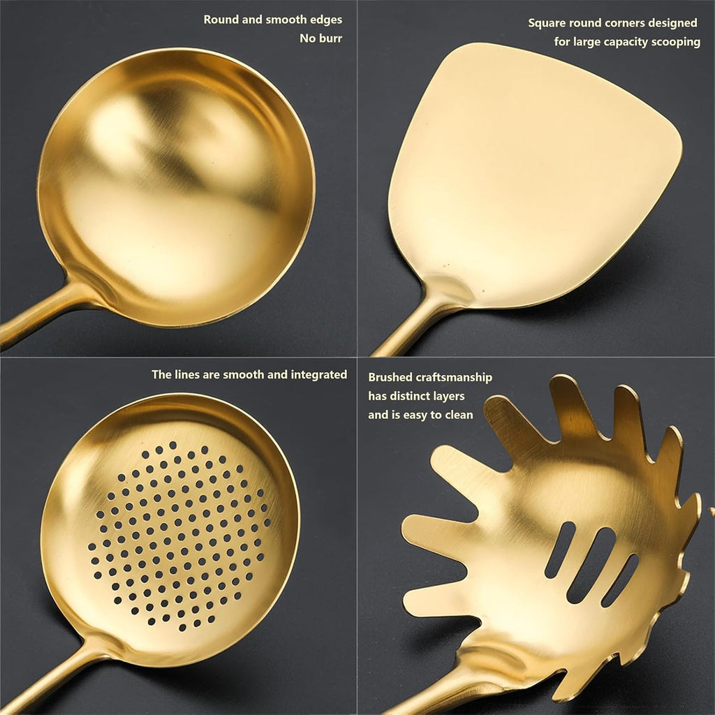 Gold Cooking Utensils Set Stainless Steel Non-stick Heat Resistant Ceramic Handle 7pieces Kitchenware Cookware Set Kitchen Tools Set With Utensil Holder Dishwasher Safe Easy To Clean