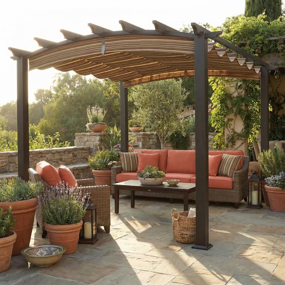 Garden Winds Durable 350 Replacement Canopy Top Compatible with Arched 9' x 9' Pergola Model GFM00469A - Stripe Canyon