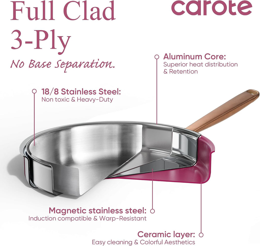 CAROTE 7pcs Tri-Ply Stainless Steel Cookware Set, Pots and Pans Set, Non Stick Induction Kitchen Cooking Sets, Outer Ceramic Layer, Nonstick Cookware Collection, Violet Purple