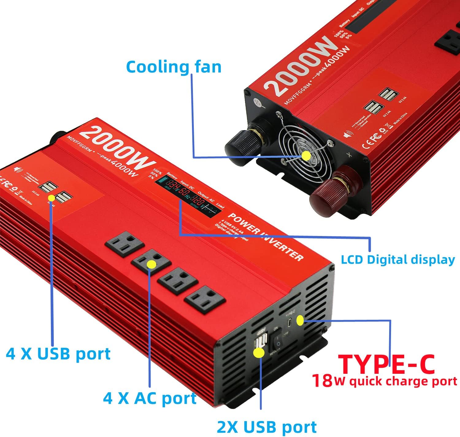 2000W 12V Power inverters for Vehicles,Peak 4000 watt, Car/Truck DC 12V to 110V 4AC Converter, 6 USB 2.4A Ports,with 18W Type-C Quick Charge Port,LCD Digital Display