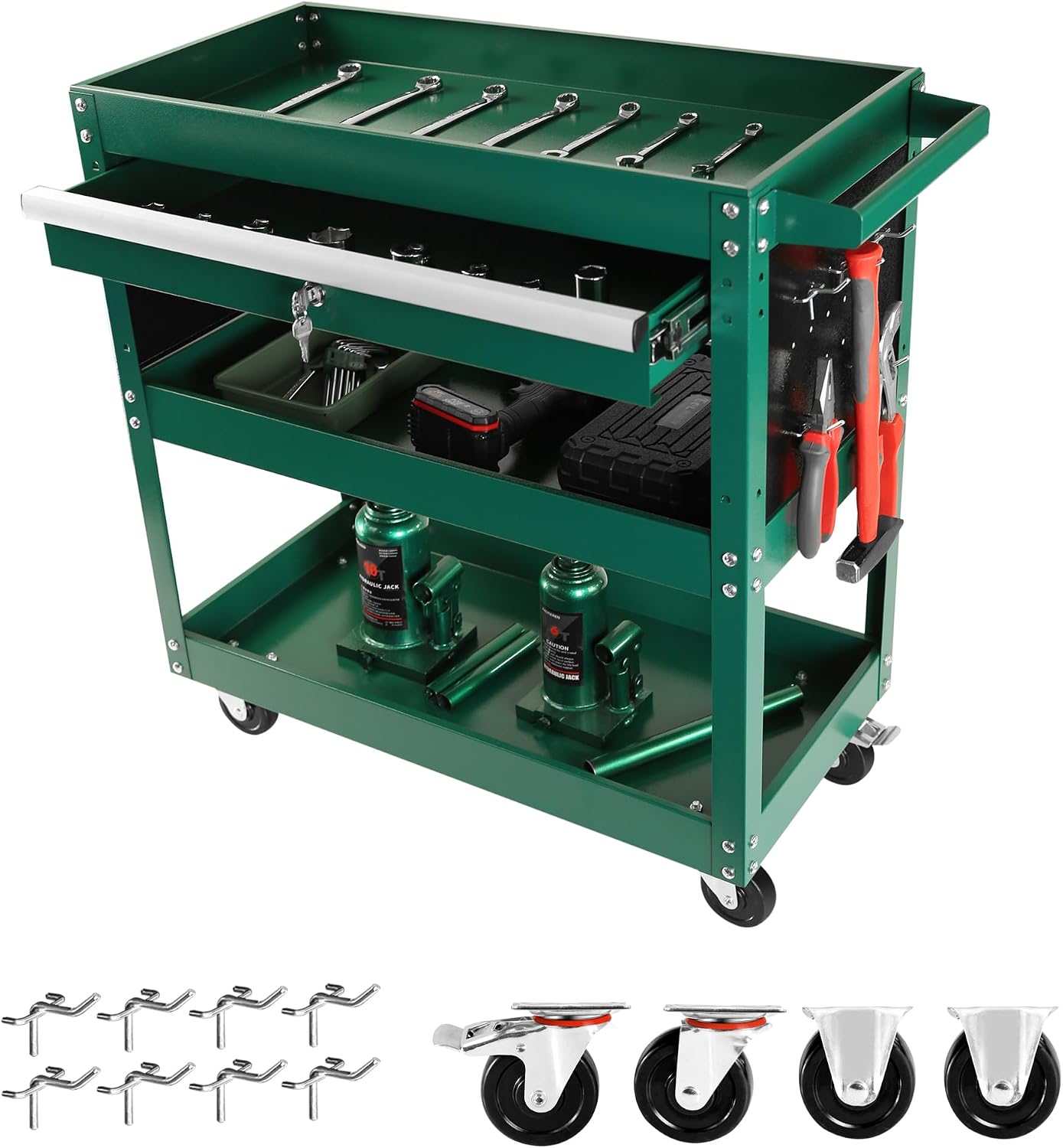 3 Tier Rolling Tool Cart, Heavy Duty Utility Cart Tool Organizer with Storage Drawer, Industrial Commercial Service Tool Cart for Mechanics, Garage, Warehouse & Repair Shop