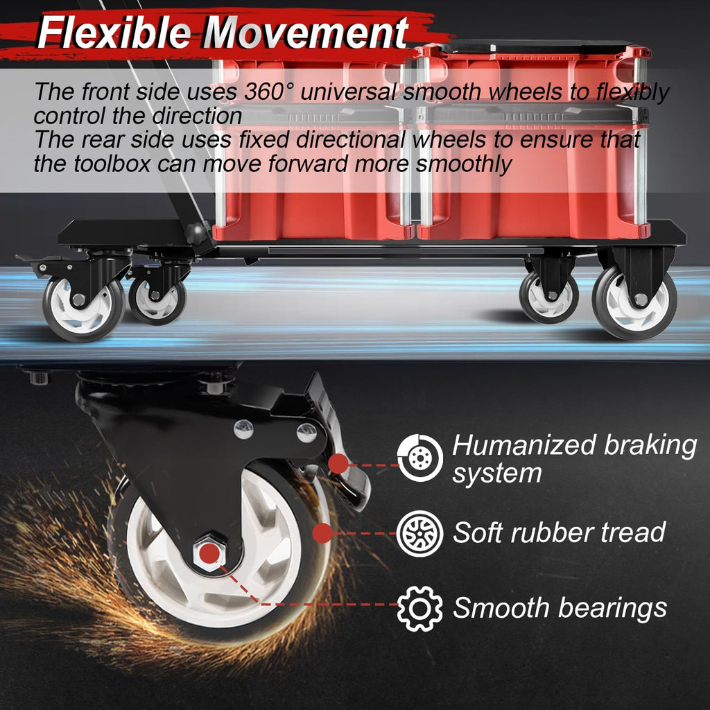 Upgraded Heavy Duty Toolbox Dolly with Handle, Compatible with Mil.Waukee Packout Toolbox, Double Storage, Thickened Carbon Steel Frame, Enlarged Wheels with Brake, No Drilling Required, Up to 400lbs