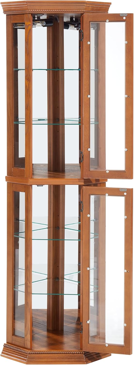 Ball & Cast 70' H Lighted Corner Curio Cabinet, Glass Display Cabinet with 6 Tempered Adjustable Glass Shelves and Doors,Include Light Bulb, Rack for Living Room,Oak