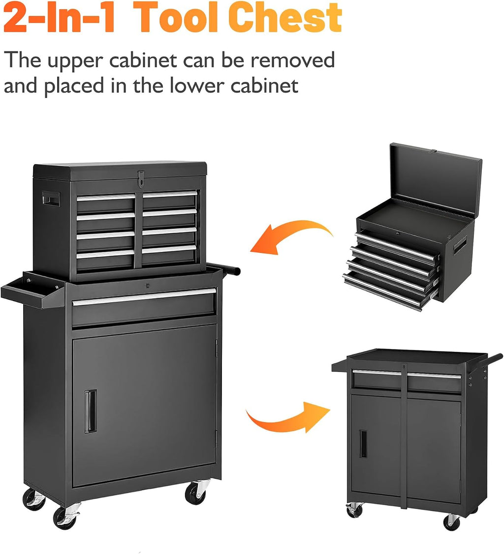 5-Drawer Rolling Tool Storage Chest Cabinet with Detachable Top Tool Box, Liner, Universal Lockable Wheels,37.6'x 20.7'x 11' Expandable, Locking Mechanism, Metal Tool Cart for Garage Workshop
