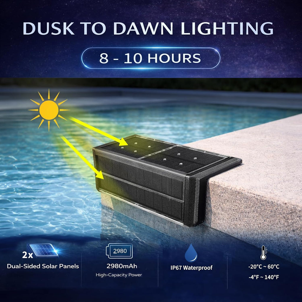 SHONELIGHTING Pool Light, Solar Powered Poolside LEDs for Inground Pool, Ultra-Thin 2-Way Lighting for Deck, Edge, Wall, Step, Outdoor Waterproof Stainless Steel for Swimming Pool (Warm White, 6 Pack)