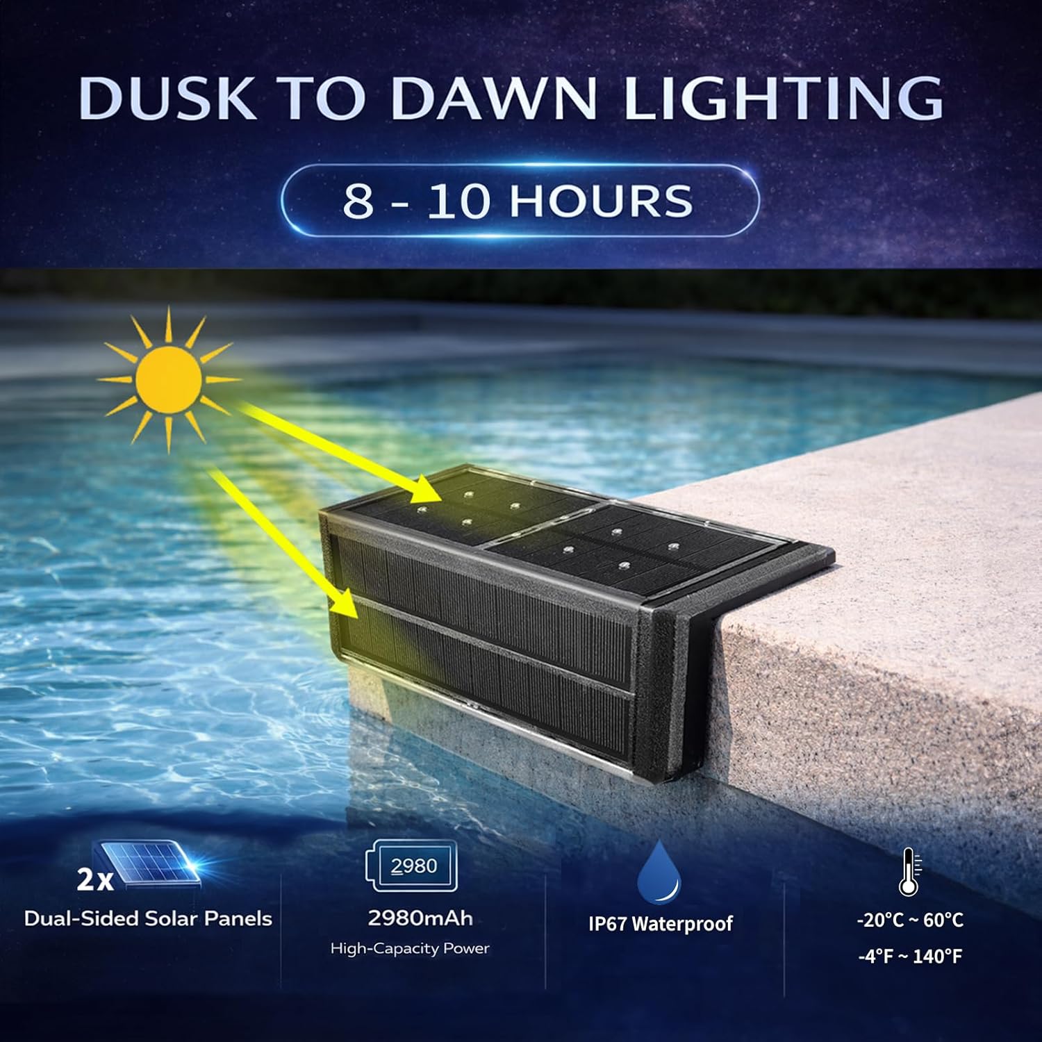 SHONELIGHTING Pool Light, Solar Powered Poolside LEDs for Inground Pool, Ultra-Thin 2-Way Lighting for Deck, Edge, Wall, Step, Outdoor Waterproof Stainless Steel for Swimming Pool (Warm White, 6 Pack)