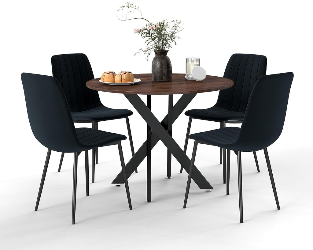 RGZ 36' Round Table Set for 4, 5 PCS Modern Wooden Circle Dining Table for 2-4, Walnut Round Dining Table with Steel Legs & 4 Black Velvet Upholstered Chairs for Dining Room, Living Room, Kitchen