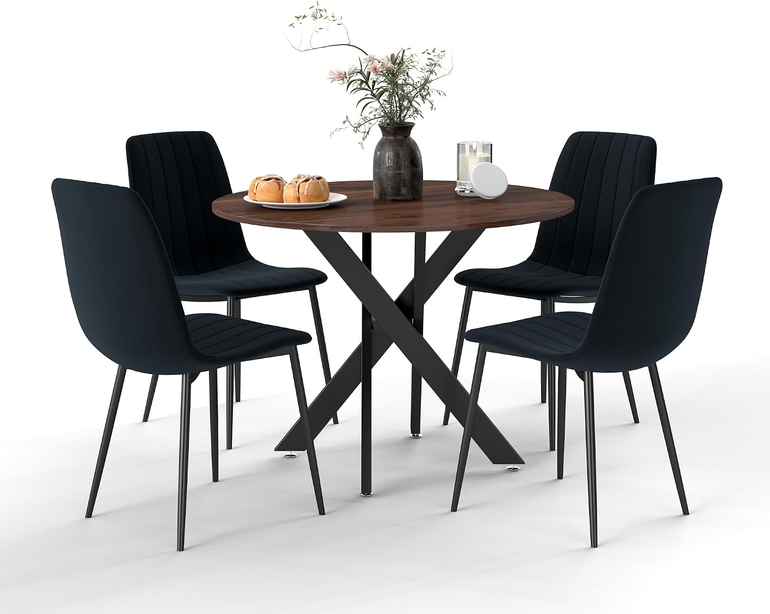 RGZ 36' Round Table Set for 4, 5 PCS Modern Wooden Circle Dining Table for 2-4, Walnut Round Dining Table with Steel Legs & 4 Black Velvet Upholstered Chairs for Dining Room, Living Room, Kitchen