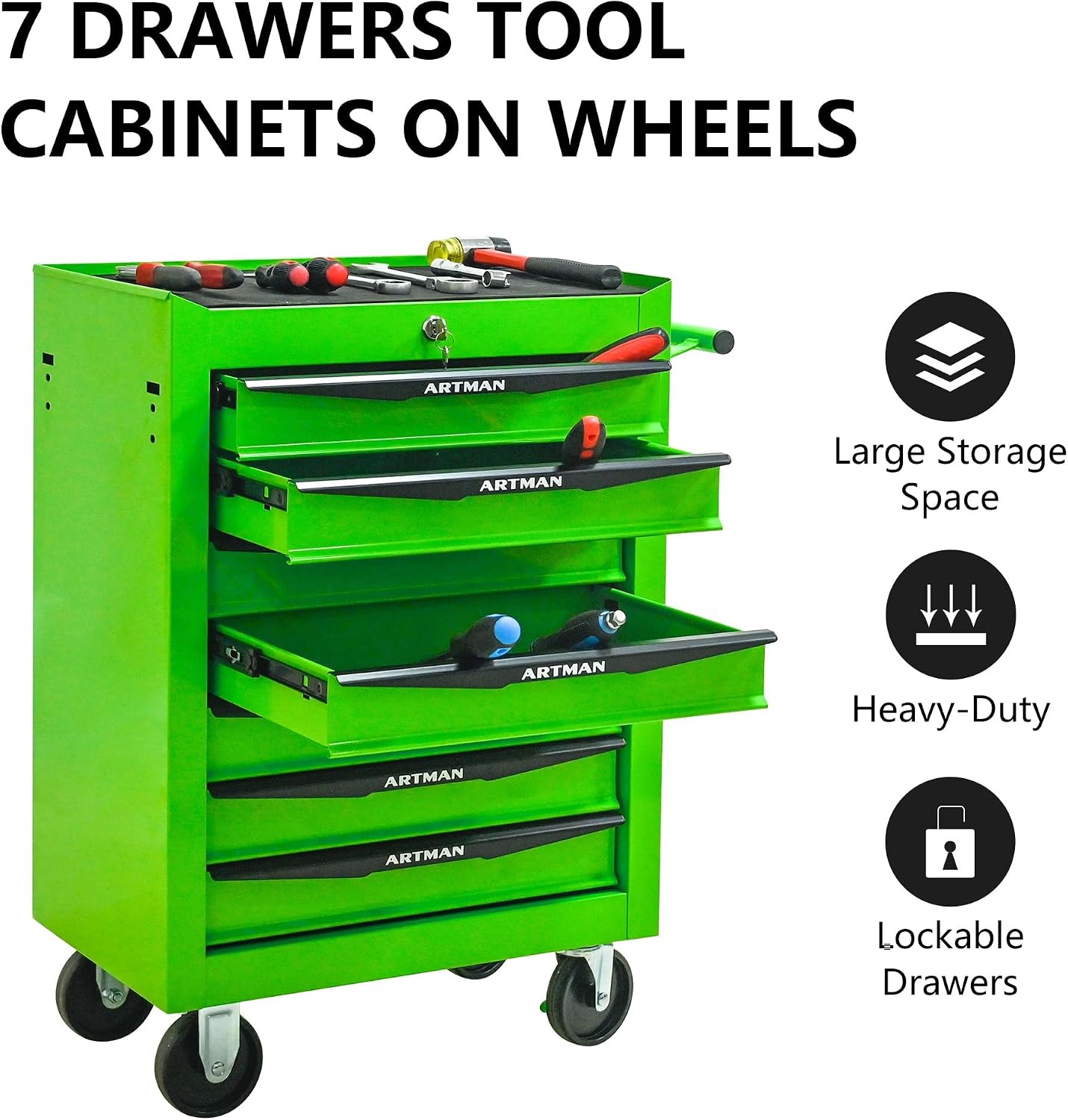 Rolling Metal Tool Chest with 7 Drawers – 20' Steel Tool Storage Box Organizer with Ball Bearing Slides & Lockable Mobile Cabinet on Wheels(Green)