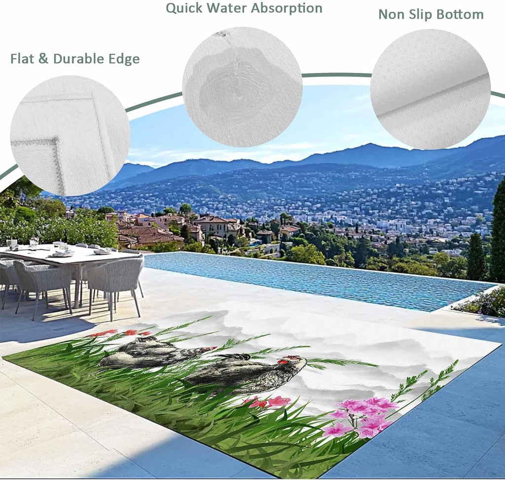 Outdoor Rug 4x6ft Nature Landscape Black Sketch Rooster Green Grass Patio Area Rugs Waterproof Easy Cleaning Non Shedding Thick Mats Mountain Carpet for Indoor Outdoor Porch Deck Backyard Balcony