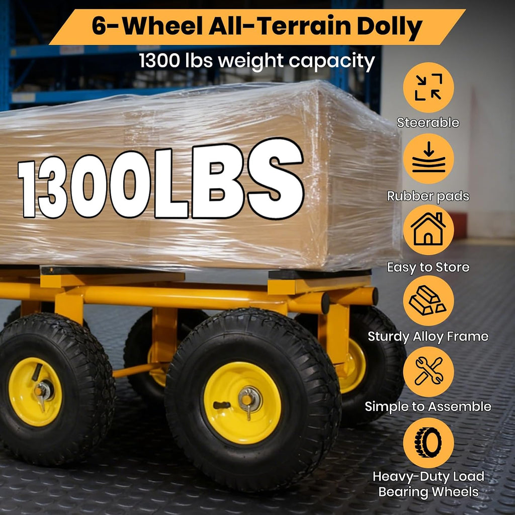 6 Wheel All Terrain Dolly, Heavy Duty Furniture Dolly 1300 Lbs Capacity, 10' Inflatable Tires Big Wheel Dolly, All Terrain Mover for Homes, Logistics, Warehouses, Shopping - 35.5' x 18' - Yellow