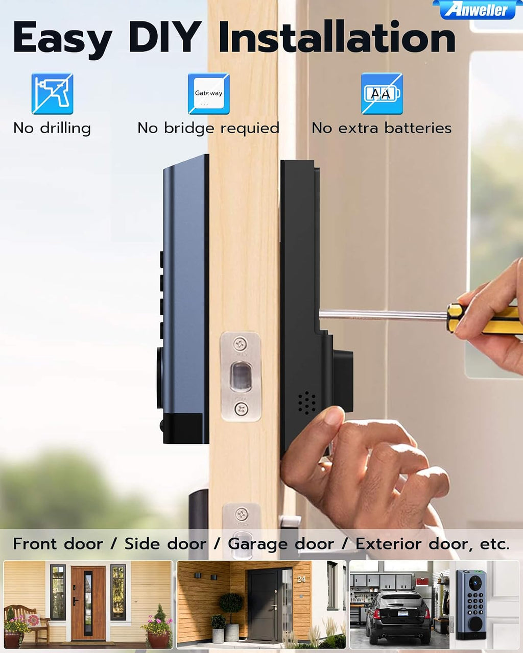 Anweller Smart Door Lock with Camera, WiFi Deadbolt with Video Doorbell, Fingerprint Biometric Electronic Keyless Entry Front Door Lock with Code Keypad for Exterior Doors, 10000mAh Battery