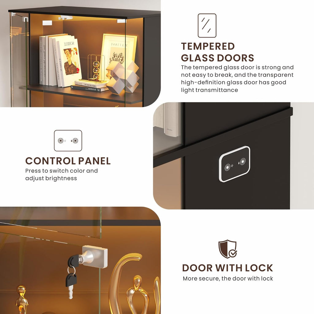 HNEBC Black Display Cabinet with Glass Door,Lighted 4-Tier Curio Cabinet with3 Color Lights for Collectibles Bookcases,66' Display Case with Human Body Sensor for Living Room/Game Room