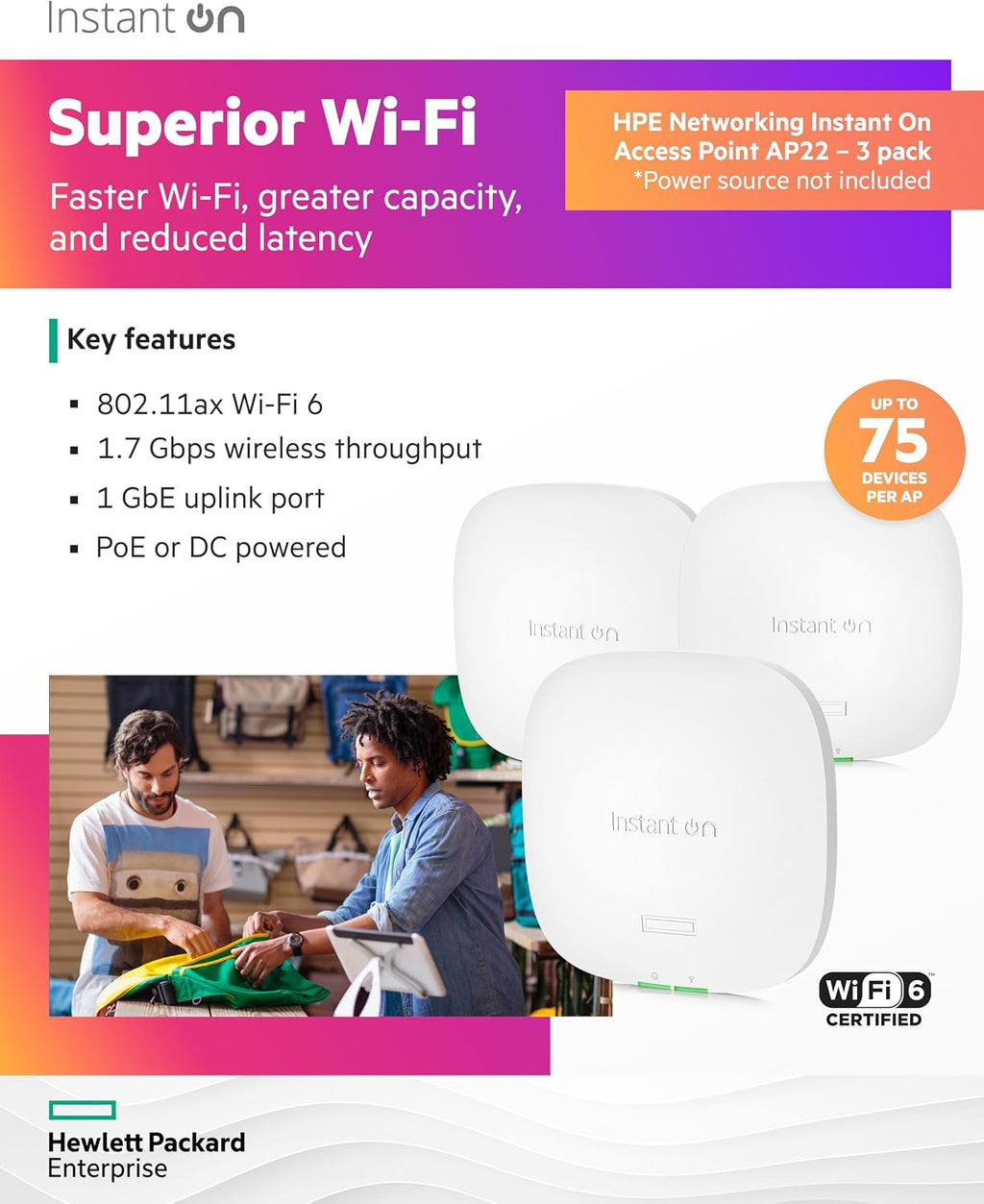 HPE Networking Instant On Access Point AP22 2x2 WiFi 6 Indoor Wireless Access Point (3 Pack) | Long Range, Secure, Smart Mesh Support | Power Source Not Included | US Model (R4W01A-3PACK)