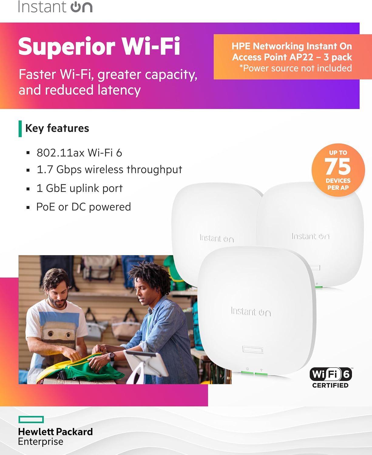 HPE Networking Instant On Access Point AP22 2x2 WiFi 6 Indoor Wireless Access Point (3 Pack) | Long Range, Secure, Smart Mesh Support | Power Source Not Included | US Model (R4W01A-3PACK)