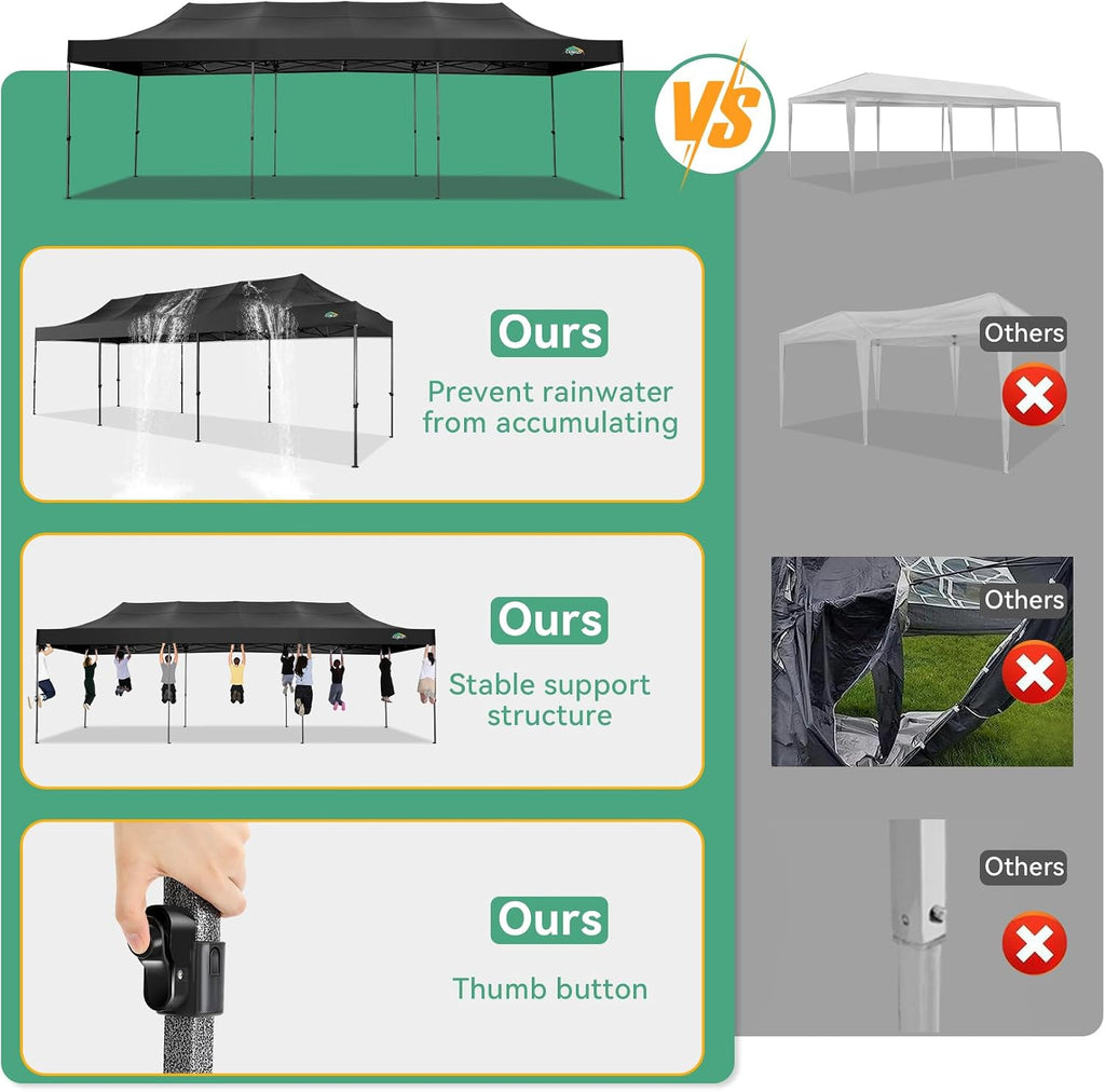 COBIZI 10x30 Heavy Duty Pop Up Canopy Tent – Commercial Grade, UPF 50+ UV Protection, Waterproof & Windproof, All-Season Outdoor Party Gazebo with Roller Bag, Black
