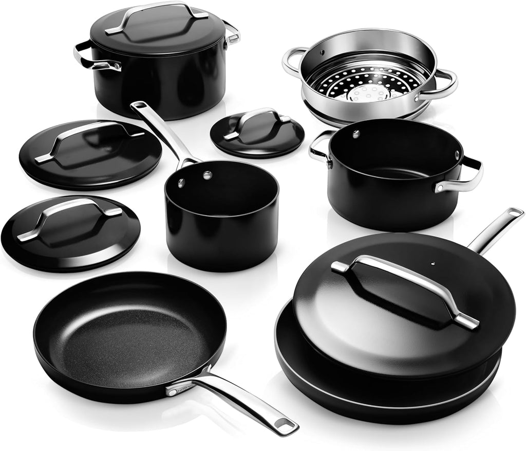 Gotham Steel Modern 11 Pc Ceramic Cookware Set, Elegantly Designed Pots and Pans Set Non Stick with Steamer, Induction Bottom, Premium Stay Cool Handles, Non Toxic PFOA Free, Oven & Dishwasher Safe