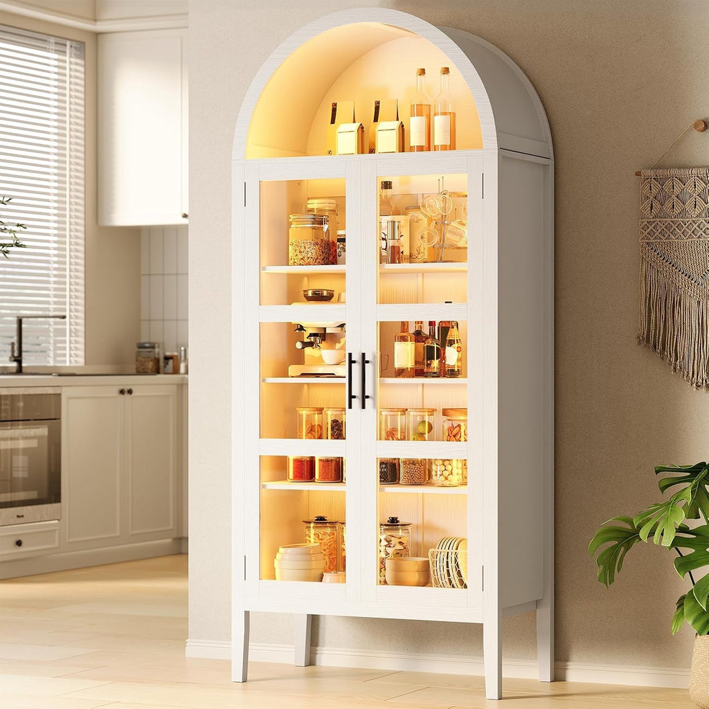 70 in Tall Arched Kitchen Pantry Cabinet with LED Lights, Modern Wood Arched Bookshelf with Glass Doors & Adjustable Shelves, Elegant Display Cabinet for Kitchen, Dining Room, Living Room