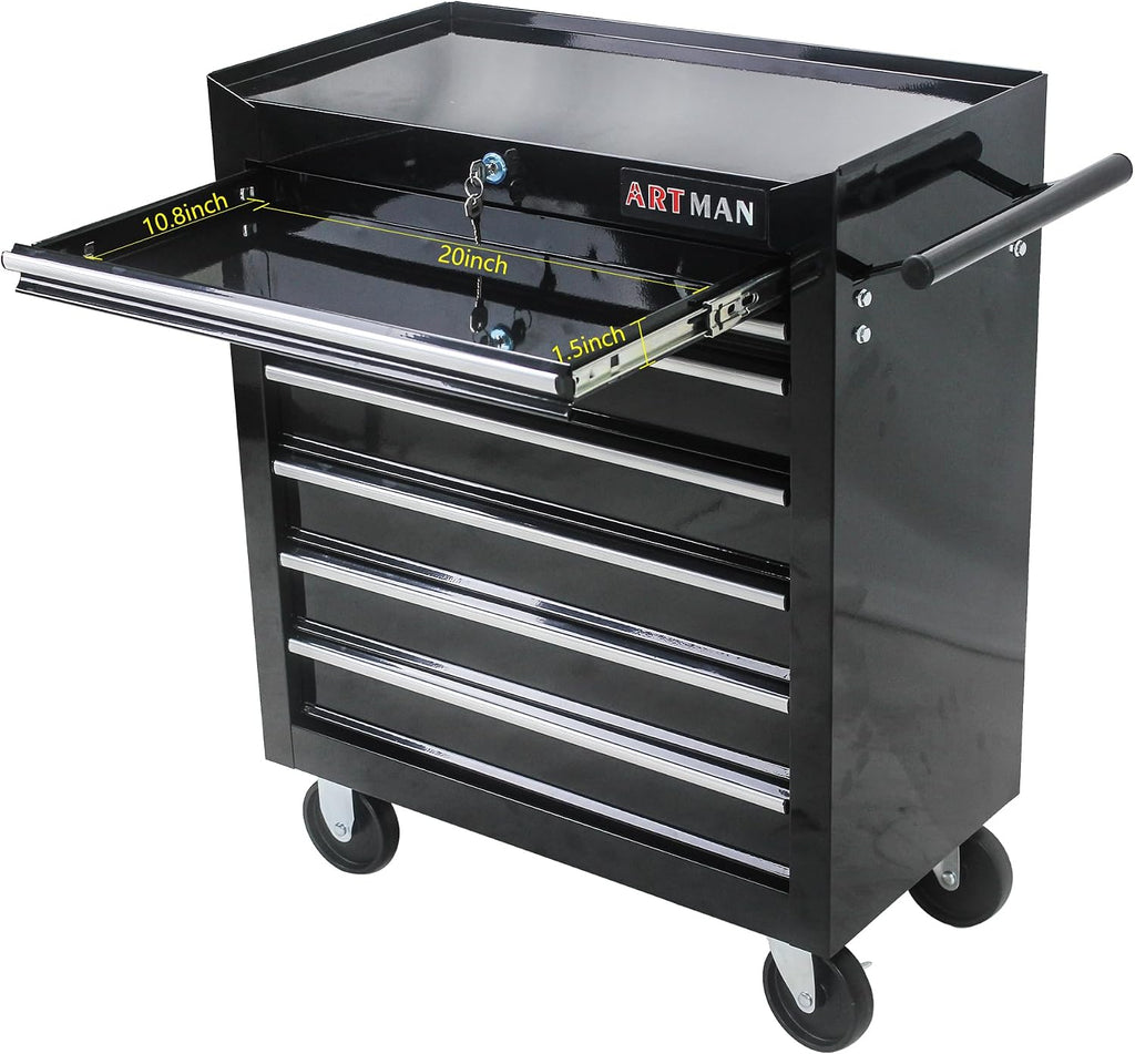 Rolling Tool Cart with 7 Drawers, Lockable Heavy-Duty Steel Cabinet on Wheels, 1000 lb Capacity, Ball-Bearing Slides, Powder-Coated Finish, Black