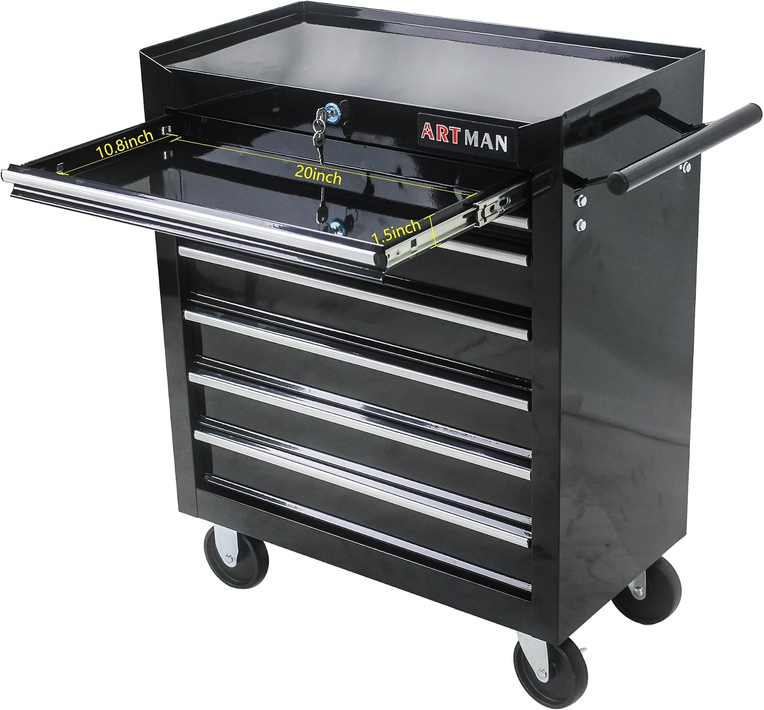 Rolling Tool Cart with 7 Drawers, Lockable Heavy-Duty Steel Cabinet on Wheels, 1000 lb Capacity, Ball-Bearing Slides, Powder-Coated Finish, Black