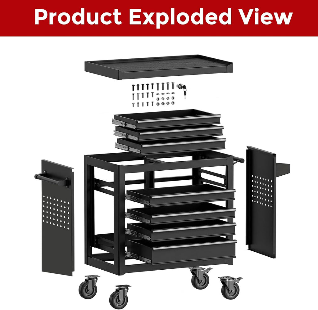 7 Drawers Rolling Tool Chest, Metal Tool Box with Wheels & Lock, Tool Drawers Garage Tool Storage Cabinets Organizer Rolling Cart Toolbox on Wheels for Garage, Workshop, Repair Shop(Assembly Required)