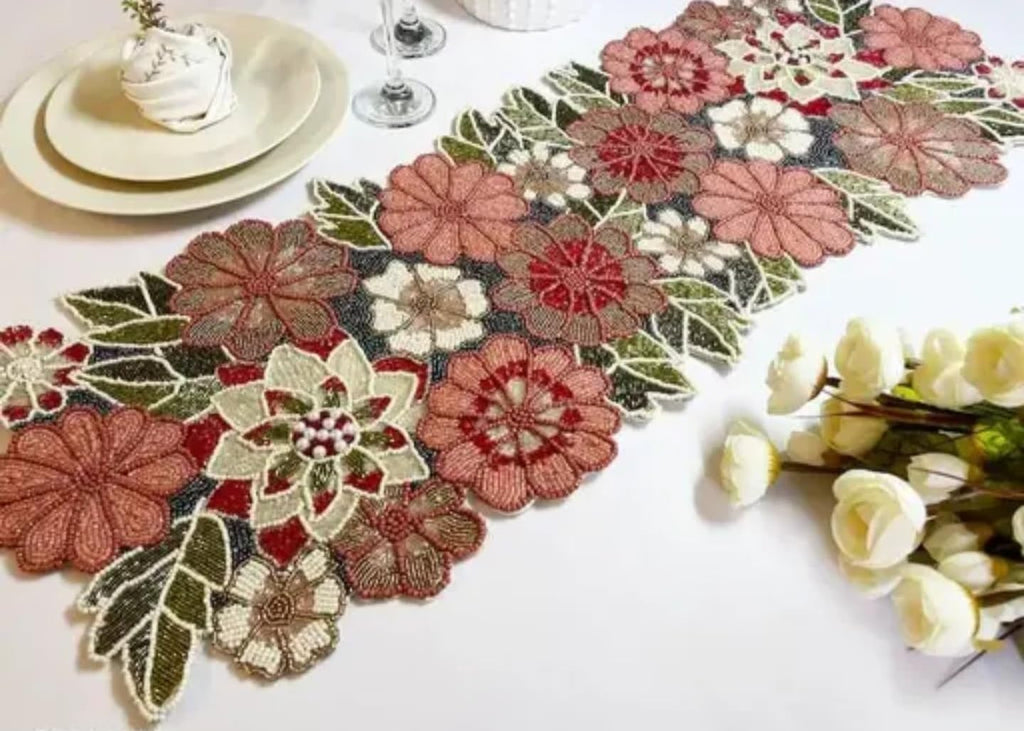 Embroidered Floral Handmade Table Runner, Multi-Color, Lace Design, Decorative Home Decor