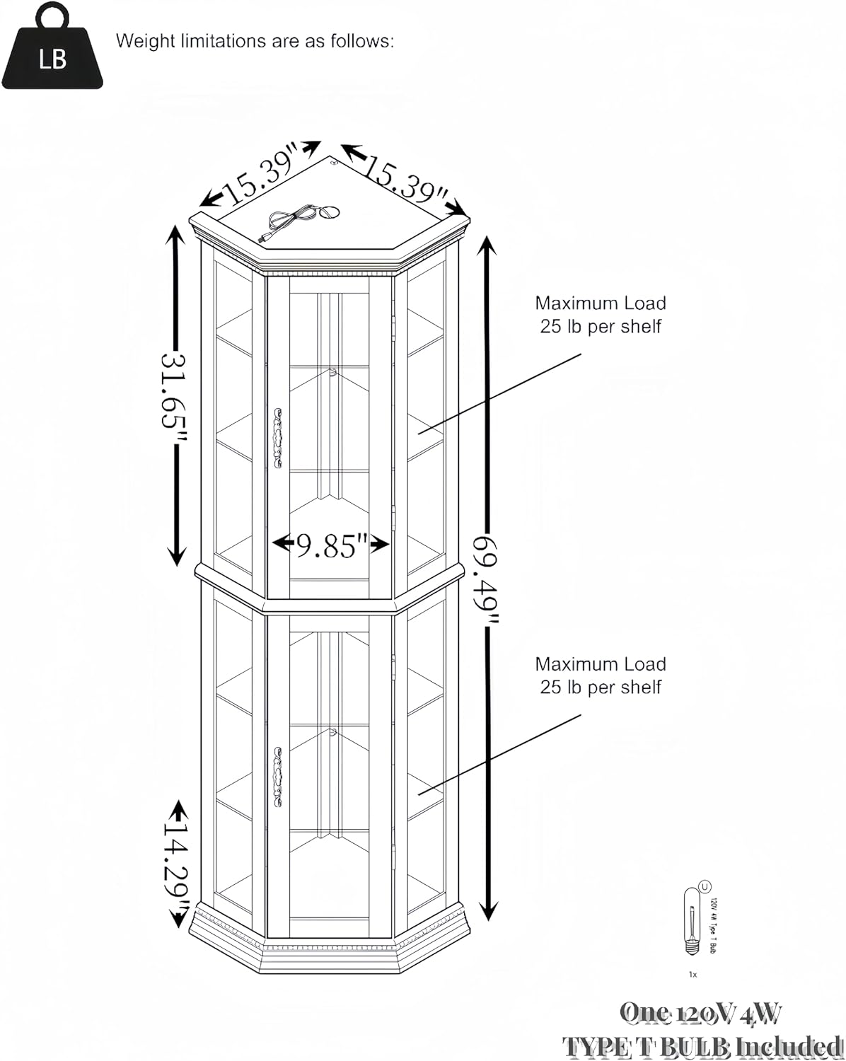 Ball & Cast 70' H Lighted Corner Curio Cabinet, Glass Display Cabinet with 6 Tempered Adjustable Glass Shelves and Doors,Include Light Bulb, Rack for Living Room,Cherry
