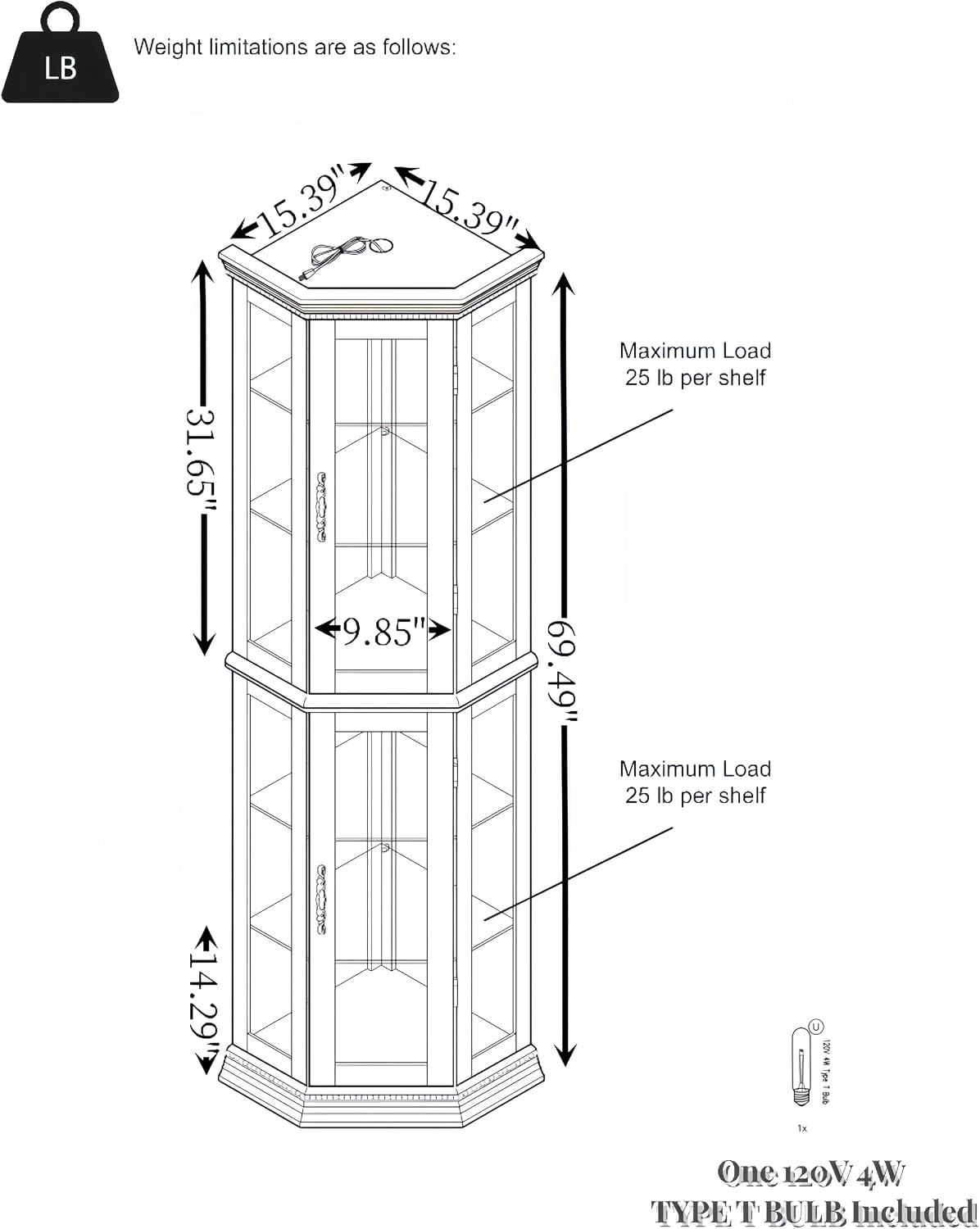 Ball & Cast 70' H Lighted Corner Curio Cabinet, Glass Display Cabinet with 6 Tempered Adjustable Glass Shelves and Doors,Include Light Bulb, Rack for Living Room,Oak