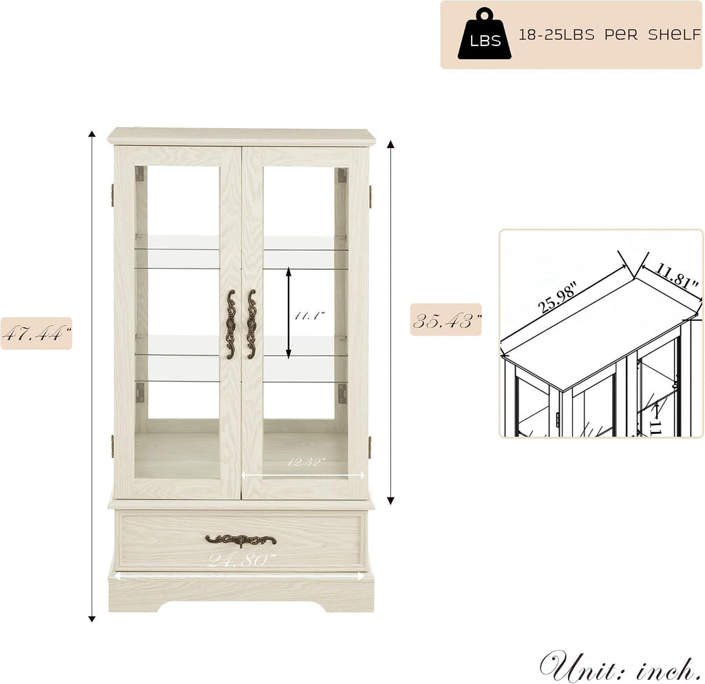 47' Lighted Glass Accent Curio Cabinet, 3-Tier Antique Storage Cage with Adjustable Shelves & Drawer, Acrylic Mirrored Pane, Light Blub Included, Small China Cabinet for Living Room (Antiqe White)