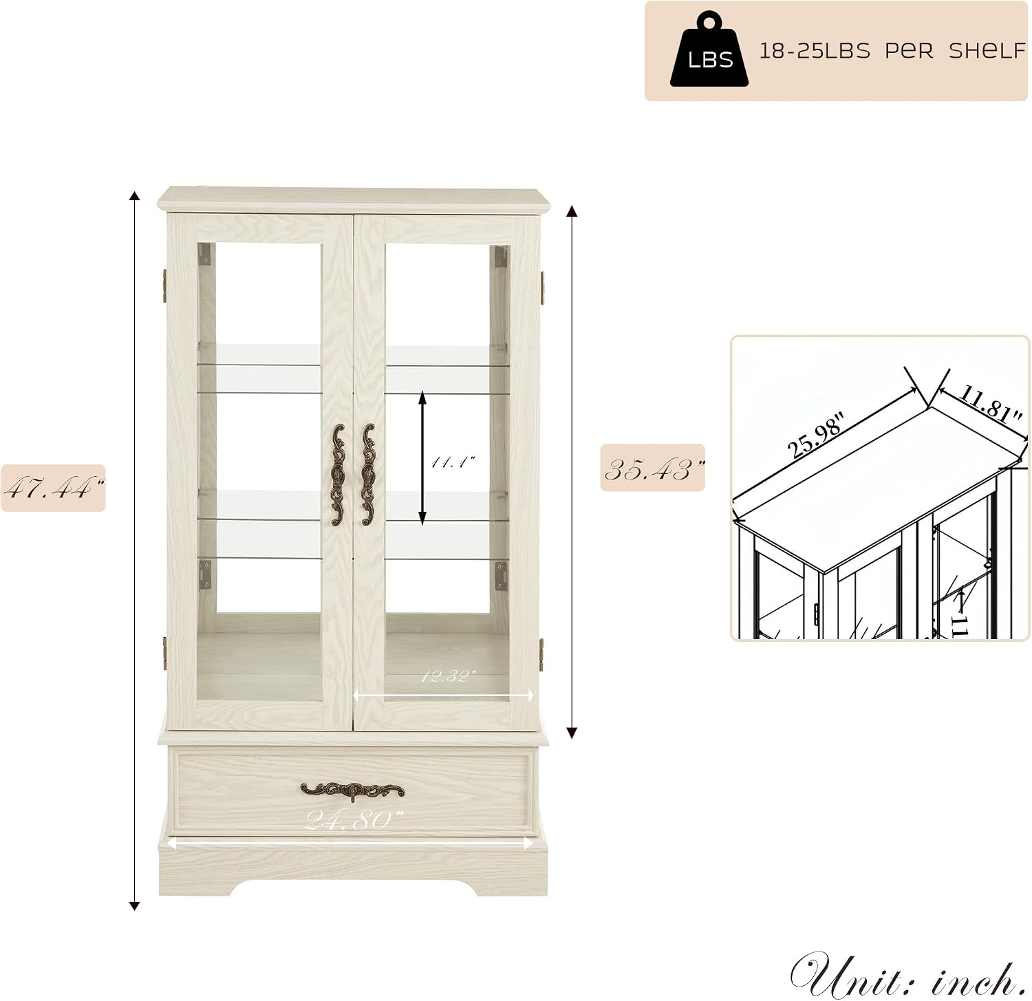 47' Lighted Glass Accent Curio Cabinet, 3-Tier Antique Storage Cage with Adjustable Shelves & Drawer, Acrylic Mirrored Pane, Light Blub Included, Small China Cabinet for Living Room (Antiqe White)