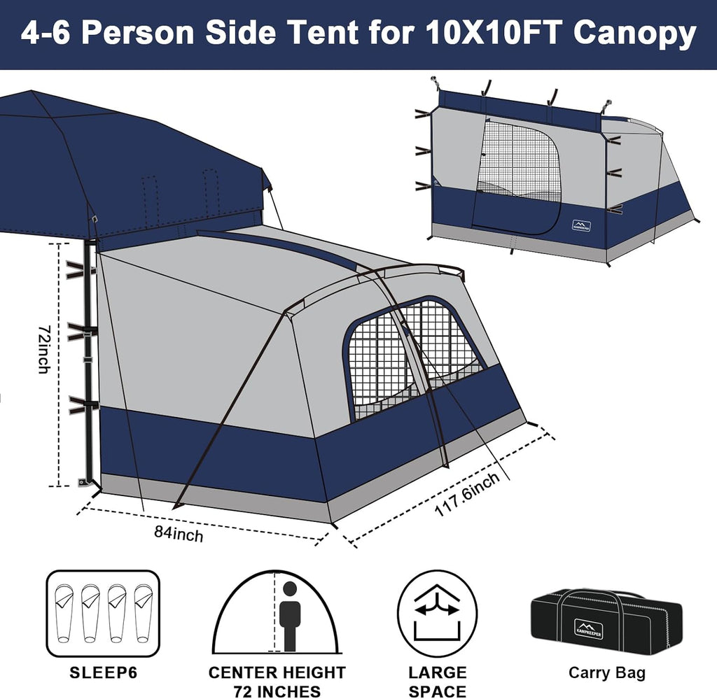 KAMPKEEPER Canopy Side Tent,4-6 Person Camping Cube Tent for 10x10 Pop Up Canopies,Easy Up Gazebo with Window,Compatible with 10' Wide Canopy Tents