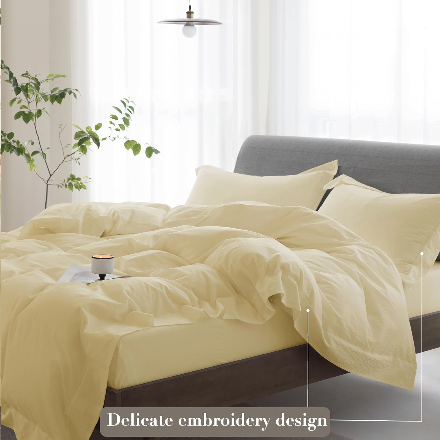 Cooling Duvet Cover Set 3 Pieces-100% Washed Cotton with Chic Wide Trim Design Linen Like Textured Ultra Soft Cozy Bedding with Zipper Closure(Hemmed Pale Yellow,Oversized King 120'x98')