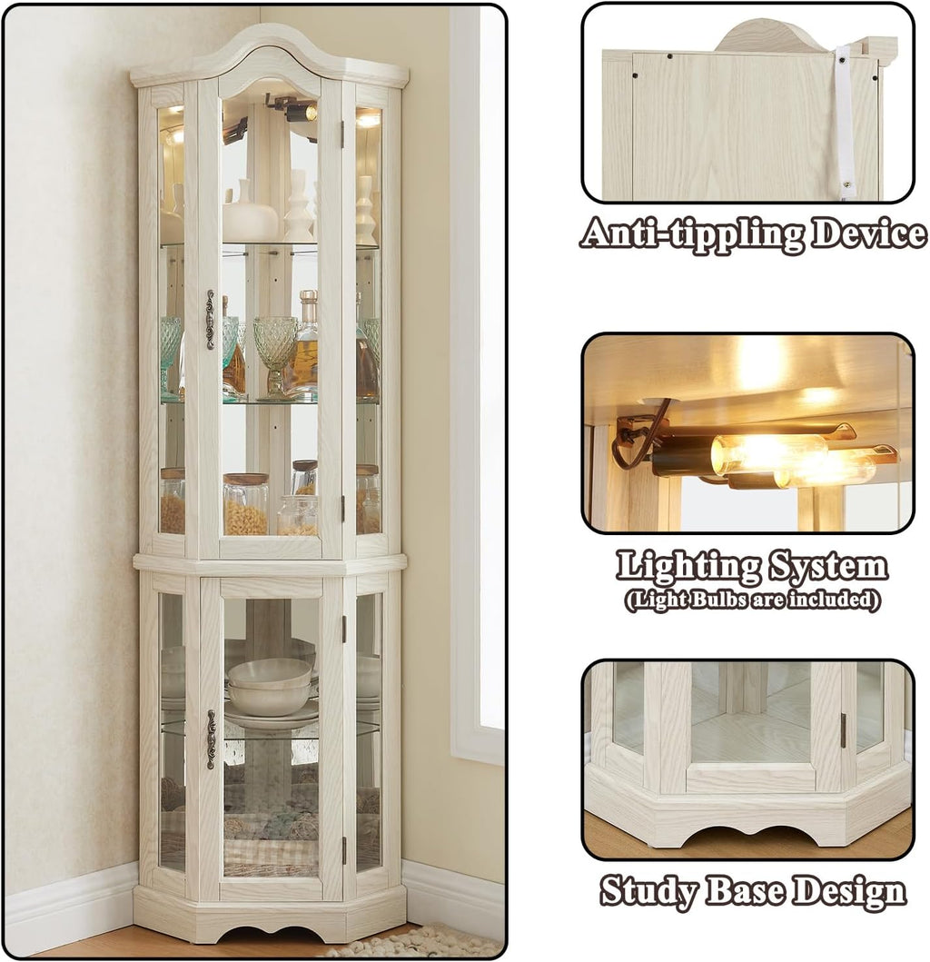 70'H Lighted Corner Display Cabinet, 5-Tier Wooden Curio Glass Cabinet with Adjustable Shelves, Carved Crown Corner Storage Display Case with Mirrored Back Pane for Living Room (Antique White)