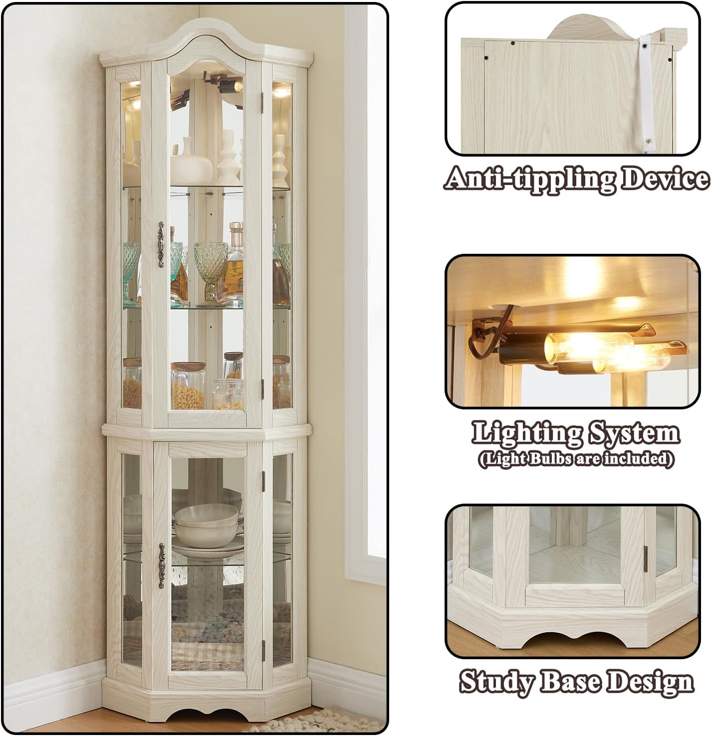 70'H Lighted Corner Display Cabinet, 5-Tier Wooden Curio Glass Cabinet with Adjustable Shelves, Carved Crown Corner Storage Display Case with Mirrored Back Pane for Living Room (Antique White)