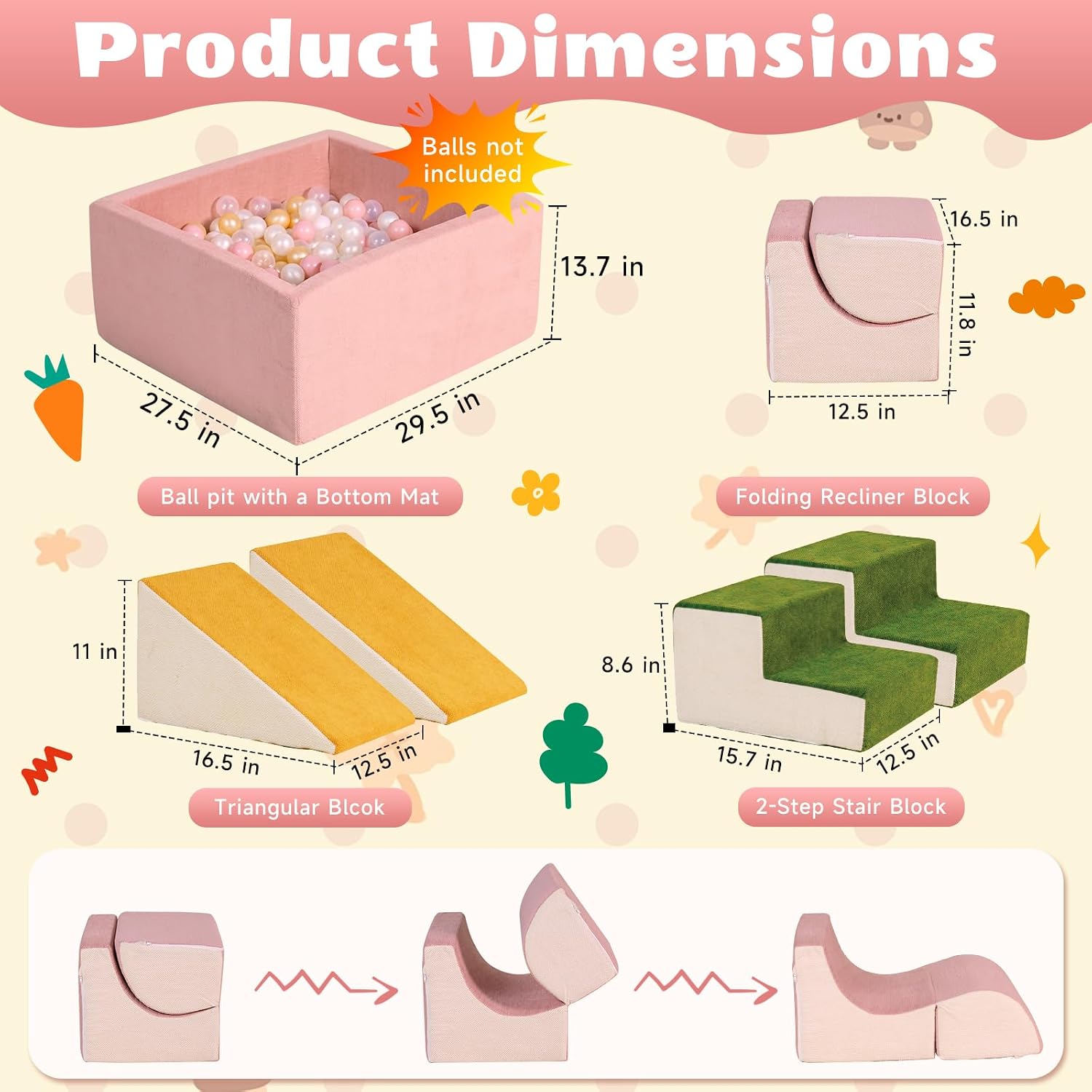6-Piece Modular 30D High-Density Foam Climbing Blocks for Toddlers 6-24 Months,OEKO-TEX Certified Soft Play Set with Large Ball Pit,Pink Indoor Crawling Toys for Baby Girls (Balls Not Included)