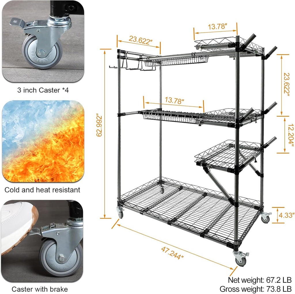 BIG Garden Tool Organizer with Wheels - Rolling Storage Rack - Multifunctional Cart